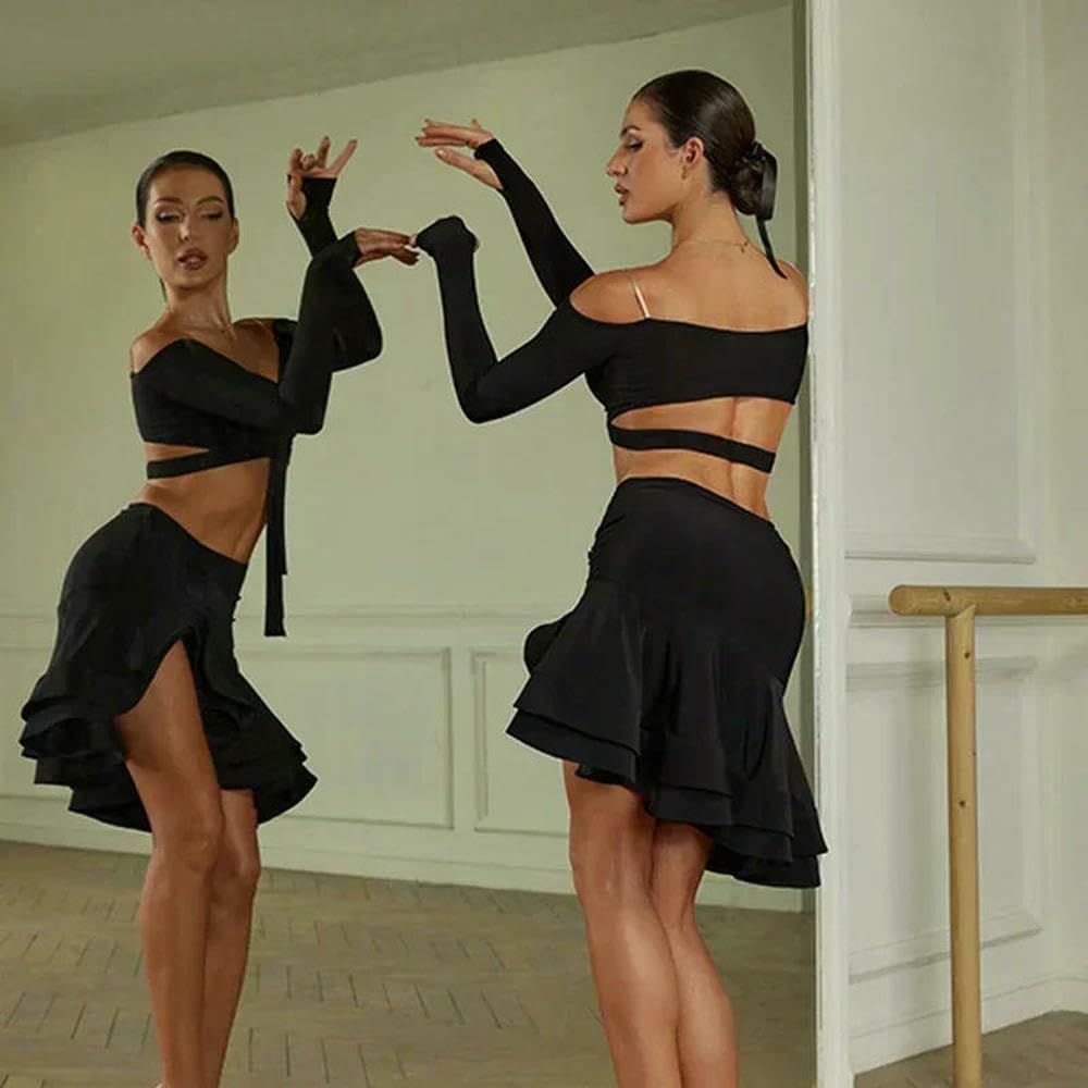 JJDFW - Costume da ballo latino con spalle scoperte, top con volant, per danza latina, abbigliamento da performance per samba e tango, set da donna