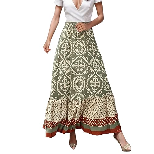 Women Casual Boho Long Skirt Vintage Print Bohemian Style Half Dr...