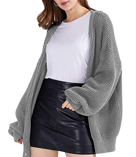 Image of QUALFORT Women's Oversized 100% Cotton Cardigan Sweater | Long Sleeve V Neck Button Down Open Front Knit Outerwear