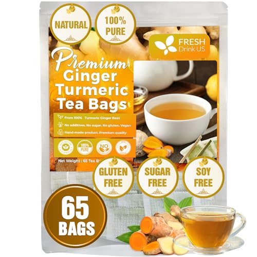Image of FRESHDRINKUS Premium 65 Turmeric Ginger Tea Bags, 100% Natural Ingredients, Hand-made Blend of and Ginger, Eco-conscious Bags. Herbal Tea. No Sugar, Caffeine, Gluten, Vegan.