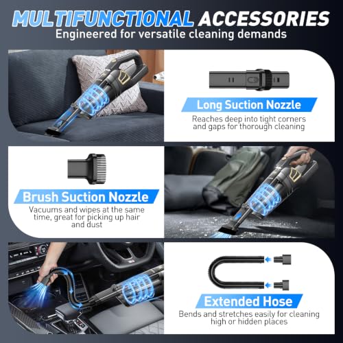Image of CKIKH Handheld Vacuum Cordless, 15000PA Hand Held Car Vacuum Cleaner | Powerful Suction Rechargeable Vacuum, Portable, LED Light, Multi Accessories, for Home, Office, Pet Hair and Car
