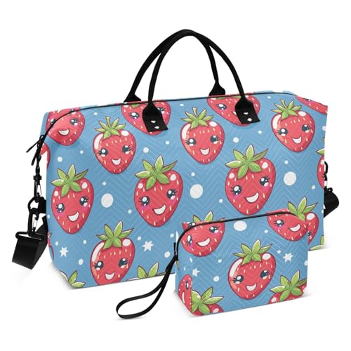 Cartoon Strawberry Sapphire Blue Decorative Overnight Carry On Tote and Luggage Gym Sports Carry with Adjustable Strap for Airplane Traveling Large Capacity maletas para gimnasio