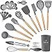 Juego Utensilios de Cocina Silicona 33Piezas, Set de Utensilios Cocina con Mango de Madera + Soporte + Gancho, Accesorios de Cocina Apto para Lavavajillas Que Incluye Cuchara, Espátula y Taza Medidora