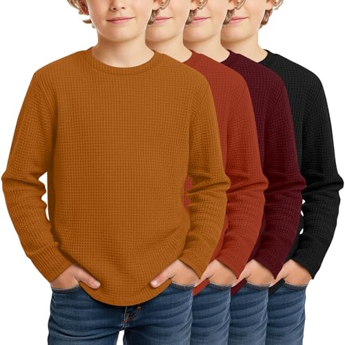 Image of 4 Pack Boys Long Sleeve Waffle Shirts | School Sweaters for Boys, Waffle Knit Thermal Shirts, Crewneck Thermal Casual Tops, Fall, Winter, Kids Clothes for 5-14 Y