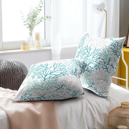Mweet Teal Blue Coral Pillow Covers 18X18 Inch Summer Ocean Sea Coastal Decorative Throw Pillow Cases Set of 2 for Couch Sofa Bench Living Room Bedroom Home Decor - Image 2