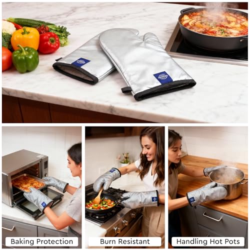 Image of Encasa XO Extra Long 18x30 cm Oven Microwave Gloves Mitts (2 pcs) for Kitchen Cooking - Silicon Silver Heat Resistant - Thick & Safe, Protection of Hands from Hot Utensils, Gas Flame, Grill, Barbecue