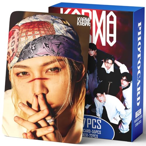 Image of Fancyku K-pop Star Photo Cards Kit 55Pcs Stray Kids Collection Set with 72 Stickers for Fans, Glossy Durable Prints and Creative DIY Gift Idea for Scrapbooks Journals Decor Storage Display (Karma)