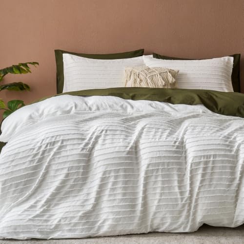 JELLYMONI White Horizontal Striped Tufted Duvet Cover Set Queen Size