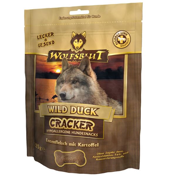 WOLFSBLUT – Wild Duck Cracker | Snacks mit natürlichen Zutaten und wertvollen Superfoods für ausgewachsene Hunde. Getreidefreier Hundesnack ohne Zusatzstoffe im Beutel | 6x225g Ente