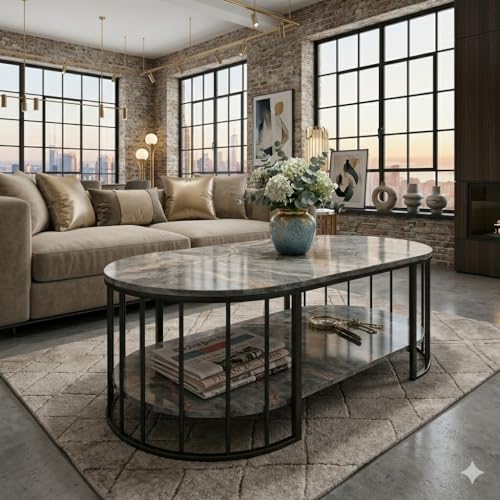 Image of Shoppee Rectangular Coffee Table Modern 2-Tier Center Table with Marble Finish Top Gold Metal Frame Stylish Sofa Table Elegant Cocktail for Living Room /Drawing /Dining Room (Black & Grey)