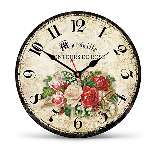 Shuaxin French Country Style Retro Quartz Wall Clocks,Wooden 14 Inch Flowers Roses Wall Clocks,Easy to Read Silent Non Ticking Quiet Round Wall Clock
