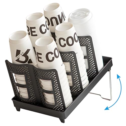 VANEME Coffee Cup Holder, Foldable Cup and Lid Dispenser | Adjustable 3/6-Tier Organizer for 5-22oz Cups, Space-Saving for Coffee Station, Home, Office, Restaurant (Dual Row)