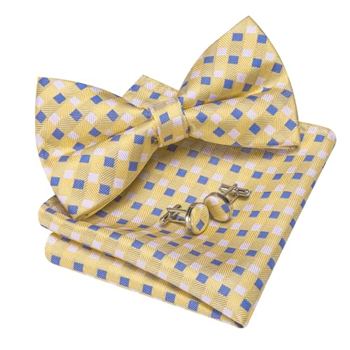 Image of Barry.Wang Paisley Striped Bow Tie for Men Silk Pre-Tied Bowtie Pocket Square Cufflinks Set Formal Wedding Party Prom
