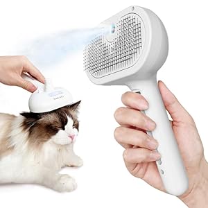 L&W BROS. Cat Steam Brush for Shedding Self Cleaning Steamy Cat Brush Cats Hair Grooming Brush Misting Cat Steamer Brush for Long Haired Cats(White)