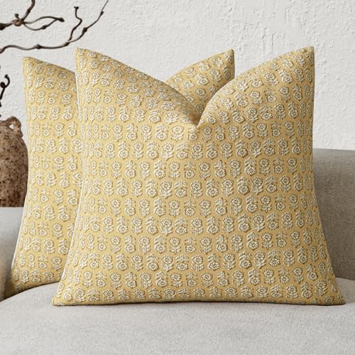 Image of Foindtower Set of 2 Decorative Neutral Floral Print Throw Pillow Covers Vintage Accent Farmhouse Cushion Covers Boho Home Decor For Sofa Couch Chair Bedroom Living Room Outdoor,20x20 Inch,Light Yellow