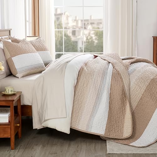 Image of Andency Taupe Striped Quilt Set Cal King(104x112Inch), 3 Pieces (1 Quilt and 2 Pillowcases) Patchwork Bedspread Coverlet Set, Soft Lightweight Quilted Bedding Set