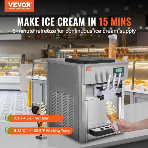 VEVOR Kommerzielle Eismaschine, 1800 W, 3-Geschmacksrichtungen, Softeismaschine Arbeitsplatte, 2 x 4 L Trichter, 2 x 1,8 L Zylinder, LCD-Bildschirm, Automatische Reinigung, Vorkühlung – Bild 3