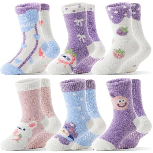MOGGEI Kids Girls Toddlers Fuzzy Slipper Grips Socks Non Slip Warm Winter Fluffy Cozy Thick Fun Crew Hospital Gripper Socks 6 Pairs Christmas Gifts Stocking Stuffers(Purple Animal 3-6 Years)