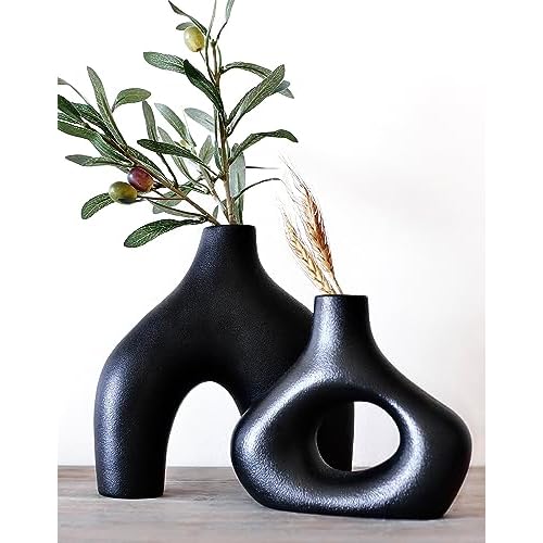 Carrot’s Den Donut Vase, Set of 2 – Minimalist Nordic, White Ceramic Hollow Donut Vase Decor | Table Centerpiece, Olive Plant, Wedding, Living Room, Bookshelf, Office, Modern Home, Entryway, Console