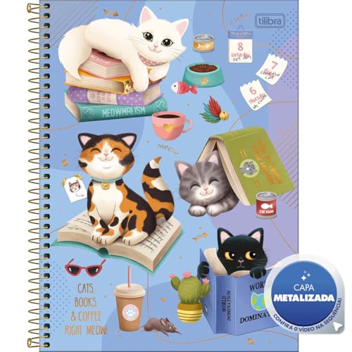 Tilibra - Caderno Espiral Capa Dura Universitário 1 Matéria Purrfect Cats 80 Folhas - Capa Azul - Ca