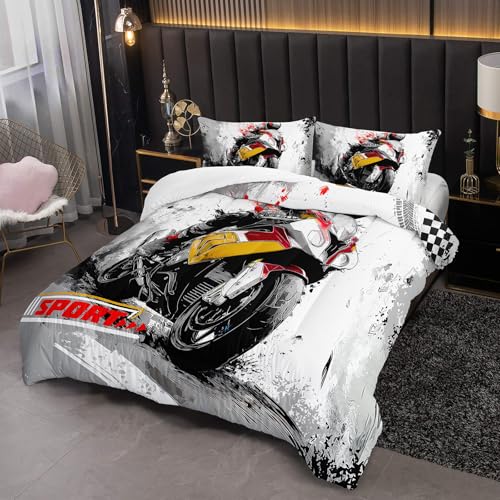 Image of Motorcycle Race Comforter Set Queen Size for Boys,Kids Sports Themed Queen Size Bedding Set,Sport Quilt for Boys,with 1 Comforter with 2 Pillow Case