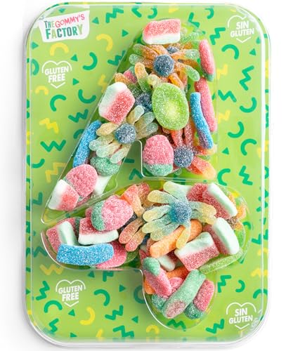 Gommy's Factory, Party Numbers nº 4 SIN GLUTEN. Tarta de gominolas para cumpleaños y celebraciones con forma de números. 500g chuches
