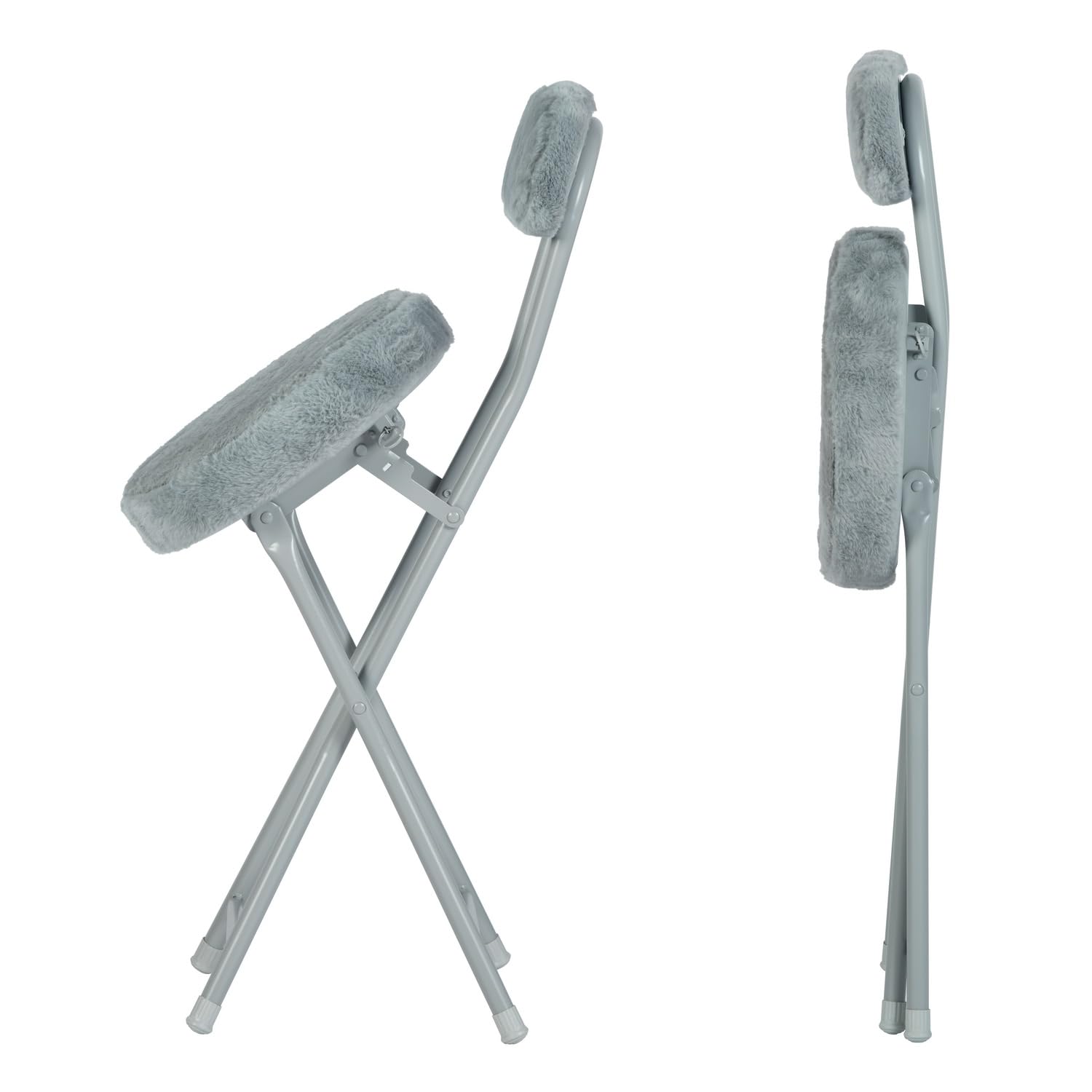MEUBLE Cosy Juego de 4 Sillas de Comedor Plegable para Cocina, Tela de Imitación Pelo de Conejo, Estructura de Metal, Gris