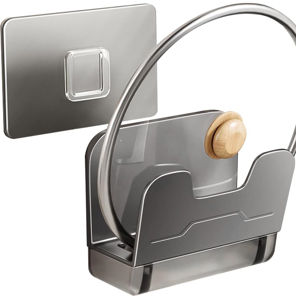 WAYUTO Wall Mounted Pot Lid Holder Self Adhesive Pot Lid Rack Punch-Free Cutting Board Holder Metal Pan Cover Rack with Drain Tray for Storage Home Cabinet Kitchen Cooking Utensil Tools Gray