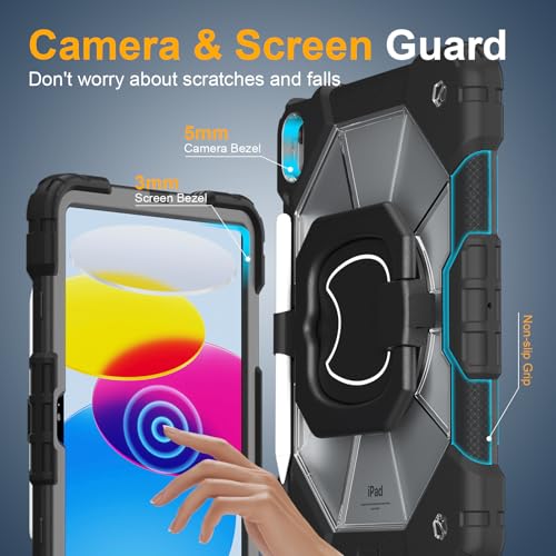 Image of Case for iPad (A16) 11th Generation 11 Inch 2025, Ubearkk for iPad 10th Generation 10.9 inch 2022 case with Screen Protector 360 Degree Rotating Stand Shoulder Strap Pencil Holder, Black Clear