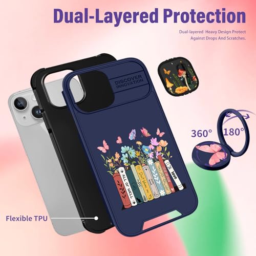 Image of Funermei (2in1 for iPhone 13 Case /for iPhone 14 Case for Women Cute Girls Girly Phone Cover Aesthetic Fashion Books Design with Slide Camera Cover Funda for Apple for iPhone 13 /14 Case