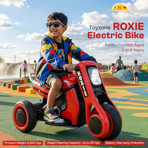 Image of Toyzone Roxie Kids Electric Bike (Red) | Rechargeable Bike with 6V 4.5Ah Battery | MP3 /USB /BT Music & LED Lights| Smooth Acceleration | 6 Months Battery warranty, For Kids Age 2 to 8 Years, Upto 35 kg