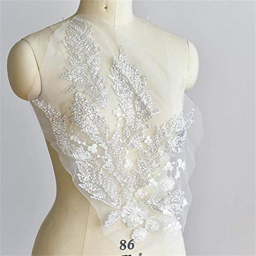 13X19 Inch Handmade Beaded Sequined Flower Lace Embroidery Sewing Applique Patches Beading Lace Decorative Wedding Patches Appliques Sew on Patches for Clothes Bridal Dress Decoration (Off White)