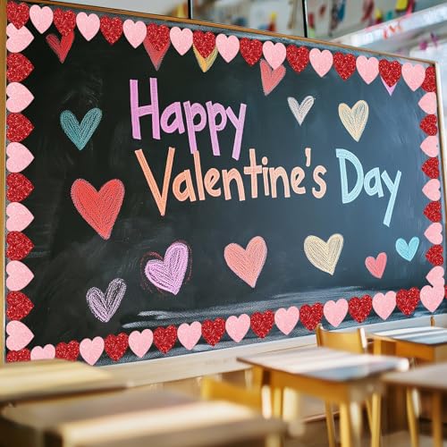 Image of Whaline 65.6ft Heart Bulletin Board Border Glitter Pink Red Heart Shaped Die-Cut Border Trim for Valentine's Day Anniversary Chalkboard Decoration