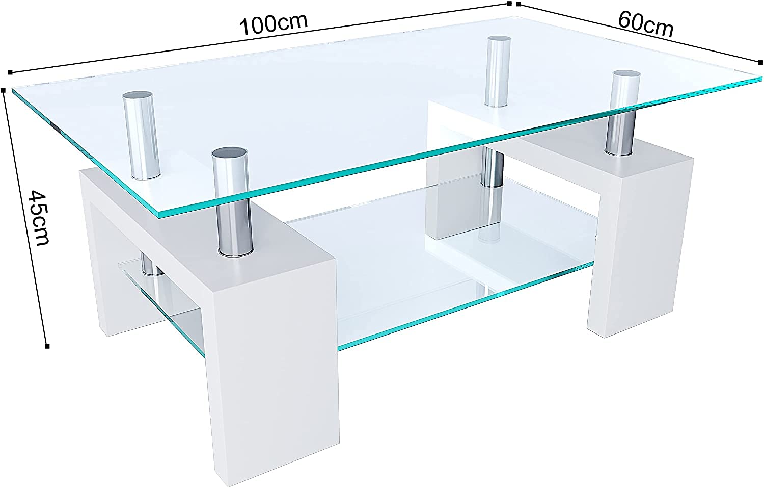Tavolino Basso Rettangolare Salotto In Vetro Temperato E Legno MDF Per Soggiorno Salone Sala Da Pranzo Tavolo Da Caffè Con Ripiano Moderno Ed Elegante Indianapolis 100 x 60 x 45 cm (Bianco)