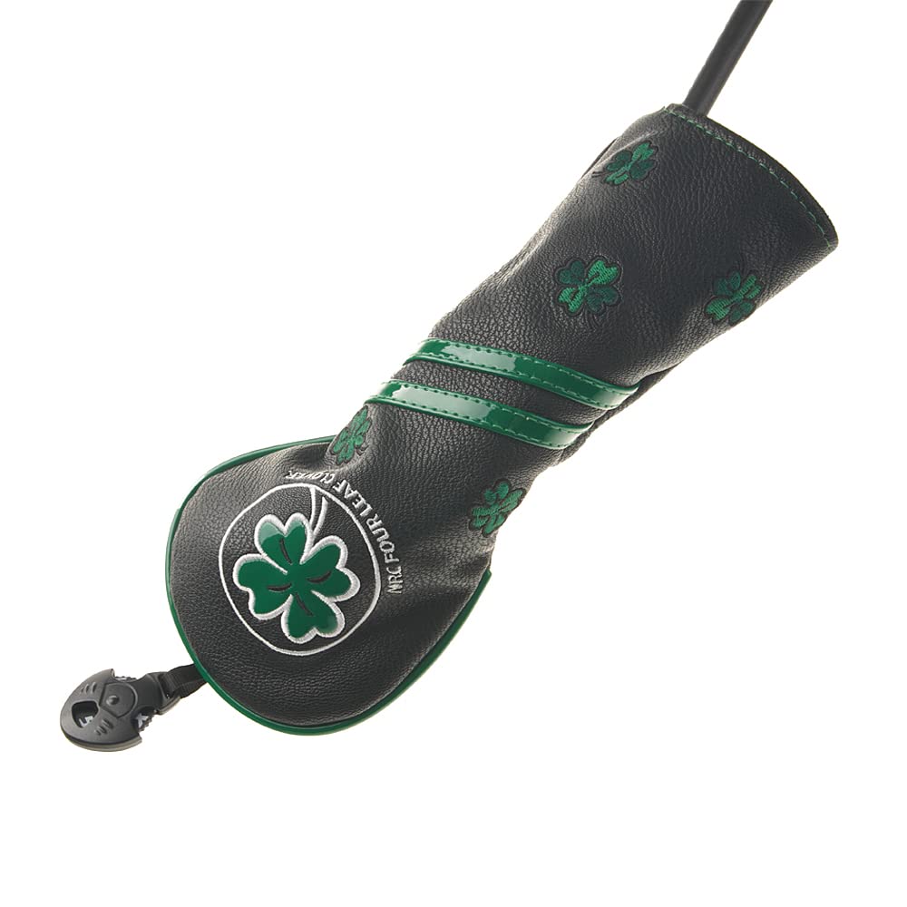 GOOACTION Golf Club Hybrid Schlägerhaube mit grünem Glücksklee Kreative Stickerei Muster Kunstleder Schwarz Golf Schläger (Austauschbarer Tag 2.3.4.5.7.X)