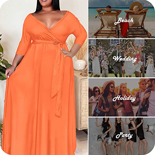 Image of Nmoder Plus Size Maxi Dress for Women - Summer Casual 3 /4 Sleeve Floral Flowy Long Dress with Belt XL- 6XL
