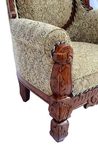 Image of Wooden 5 Seater Sofa Set, Solid Wood Sofa | 3+1+1 Natural Brown Finish with Fabric Seating | Traditional Design Furniture for Living Room, Home, Office