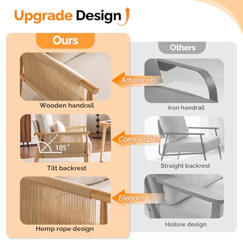 VINGLI Boho Braid Accent Armchair,Mid-Century Modern Chiar with Solid Wooden Armrest,Comfy Louge Cushion Chair with Waist Pillow for Bedroom,Living Room,Reading Room, Beige - Image 6