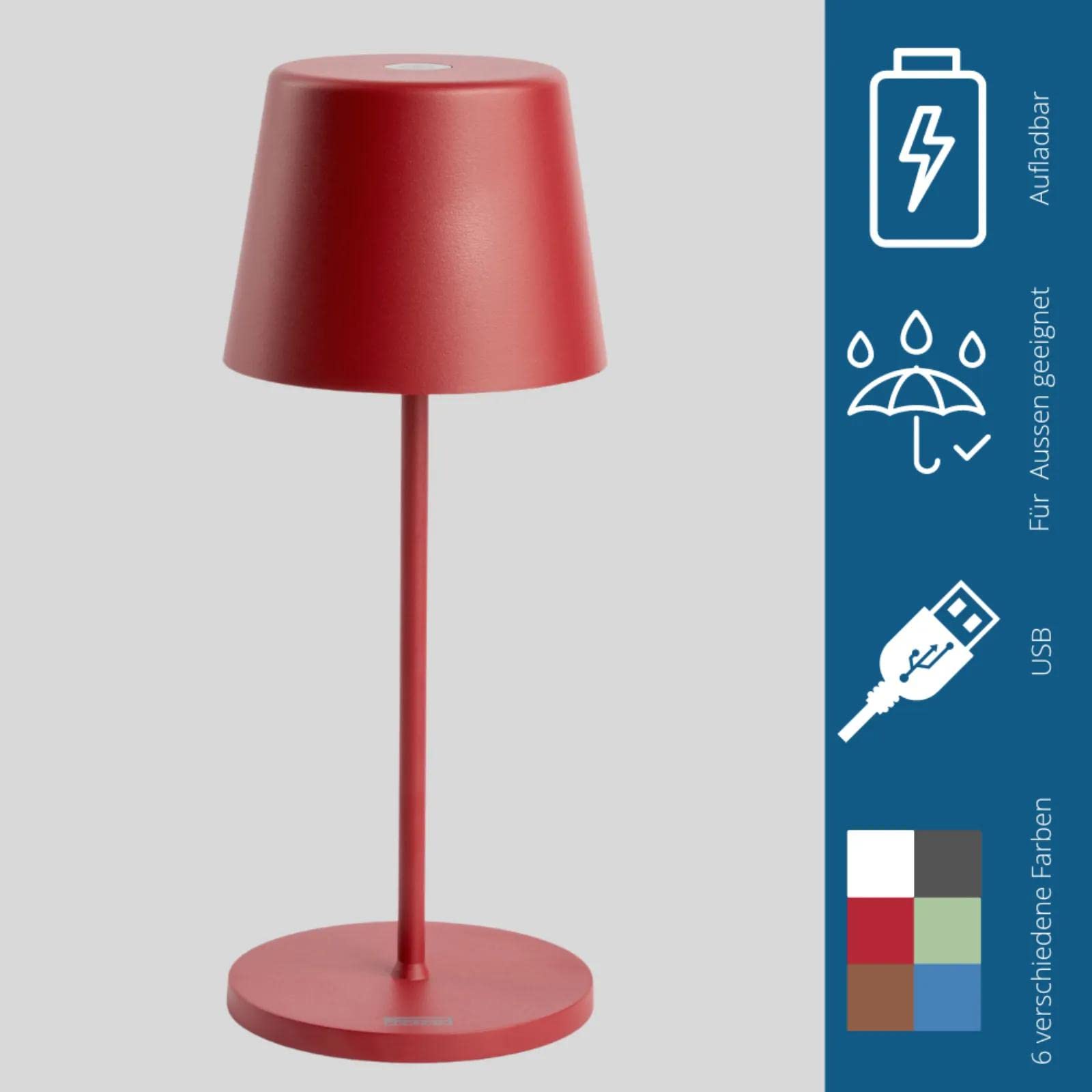 LED Akku Gartentisch Leuchte Rot stufenlos dimmbar - IP65 Tisch Lampe ohne Kabel für In- & Outdoor, 2700-3000K, 280 mm hoch, runde Tischlampe Esstisch, moderne LED Tischlampe Outdoor