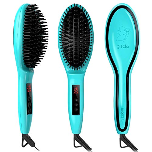 Gisala Metal Ceramic Heater Hair Straightening Brush, Auto Lock, Anti Scald, Zero Damage, Adjustable Temperature, Instant Heat Up Professional Hair Straightener (Cyan)