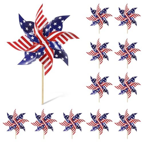 HOOSUN 4th of July Decorations 12Pcs American Flag Patriotic Pinwheels for Yard and Garden Fourth of July Pinwheels Patriotic Memorial Day Decorations Garden Wind Spinners Pinwheel for Kids Lawn Patio