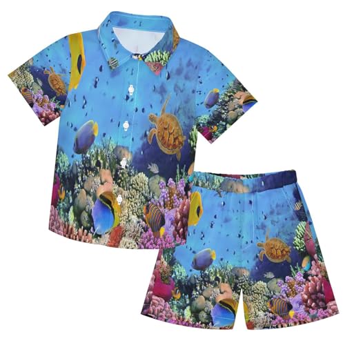Image of Sunflower Floral Yellow Black Short Sleeve Hawaiian Button Down Shirts and Short Sets for Boys Toddler Summer Outfits