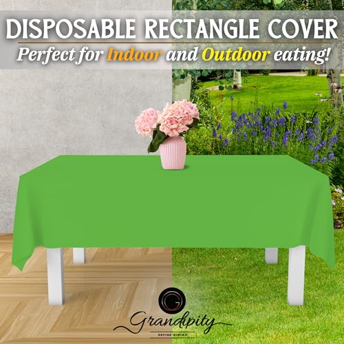 Image of Grandipity Plastic Table Cloth Disposable 12 Pack 54 inch x 108 inch Rectangle | Lime Green Plastic table covers, durable disposable tablecloths, fade and tear-resistent table cover for party, event