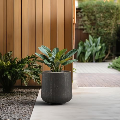 Image of Kante Accent Round Curved Vintage BRN Concrete Planter 13 inch Dia, Outdoor | Rubber Plug for Indoor, Drainage for Garden, All-Weather Cement Flower Pot, Handcrafted, Anti-Frost & UV, Modern Home Decor