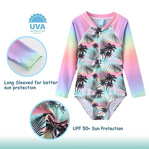 Image of Girls One Piece Swimsuits Long Sleeve Rash Guard for Kids Girls Hawaiian Swim Shirts UPF 50+ Sun Protection