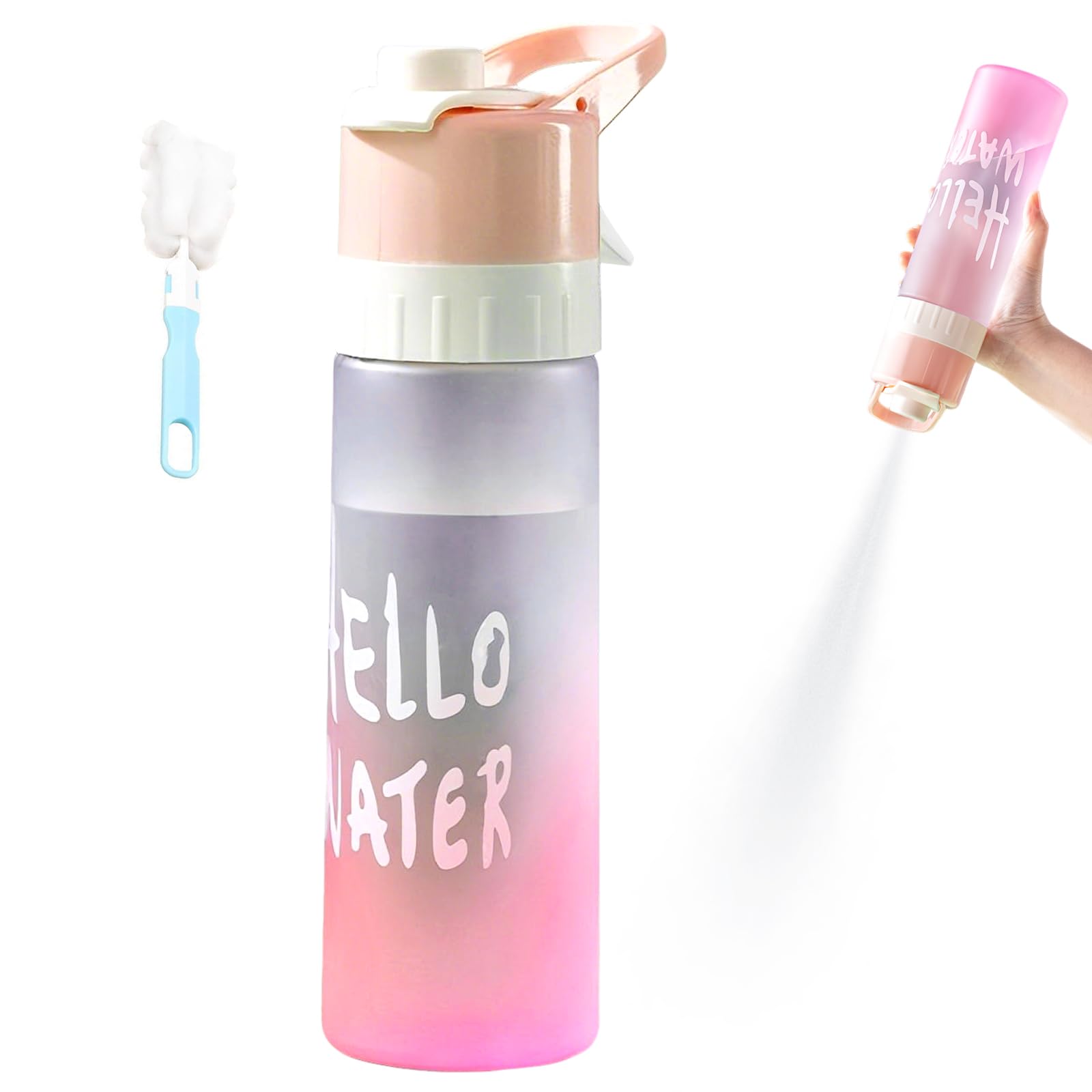 650ml Water Spray Bottle with Cup Brush 2-in-1 Misting & Drinking Sports Gradient Colors Water Bottle with Flip Straw Leakproof Water Bottle for Cycling Running Gym Hiking Outdoor Activities (Pink)