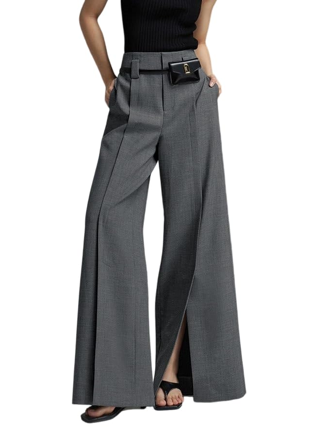 Womens High Waisted Wide Leg Pants Pleated Split Front Elastic Waist Dress Pant Casual Work Slacks
