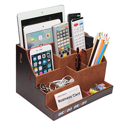 TV Remote Control Holder, Bed Side Organizer Caddy, Nightstand Storage Box with Multiple Compartments , Office or Home Desk Stationery holds Apple Phones, Tablets, Books, Glasses, (Brown)