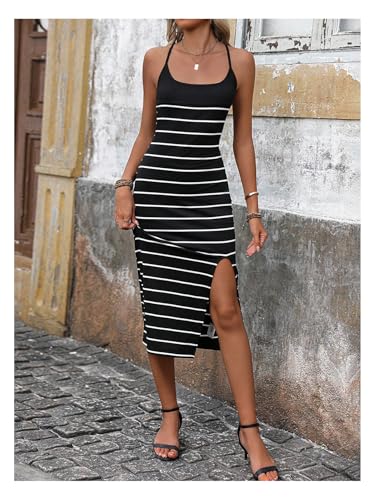 Image of GORGLITTER Women's Striped Sleeveless Cami Dress Crisscross Back Scoop Neck Midi Dresses with Slit