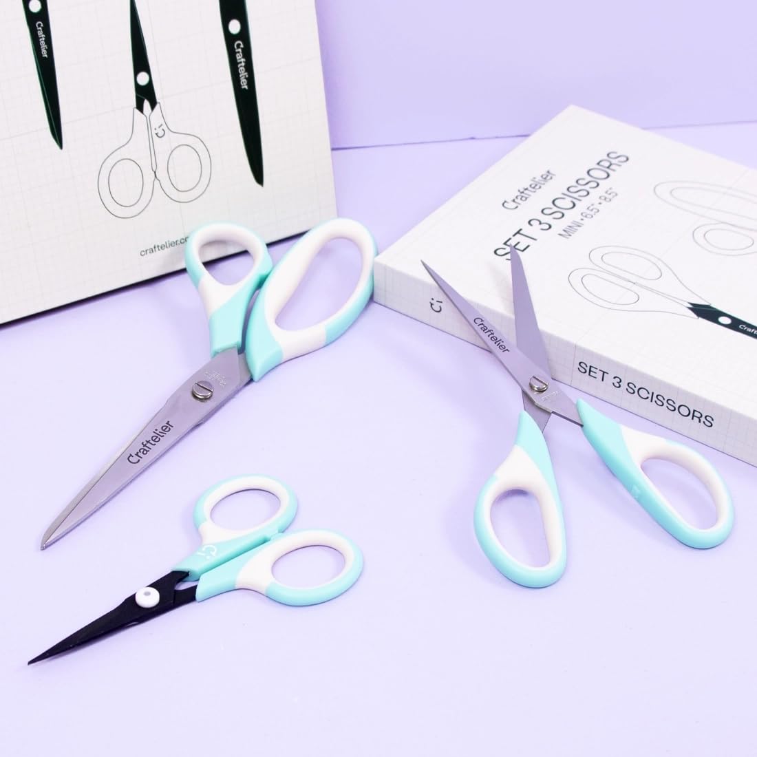 Craftelier - Set of 3 Stainless Steel Scissors in Different Sizes for Crafts - Ergonomic Handle, Turquoise and White - Image 3